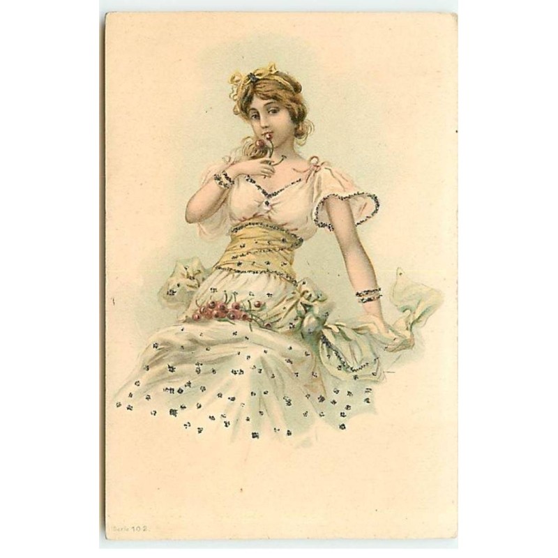 n°22942 - Carte avec Paillettes - Jeune femme mangeant des cerises