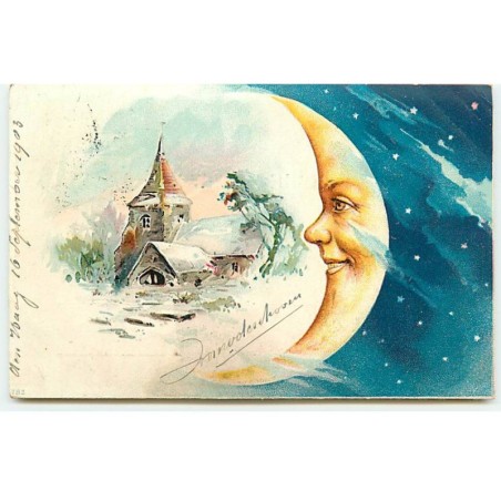 n°22945 - Fantaisie - Un croissant de lune humanisé regardant une église enneigée
