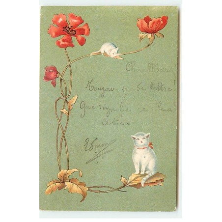 n°22946 - Chat regardant une souris sur une tige de coquelicot