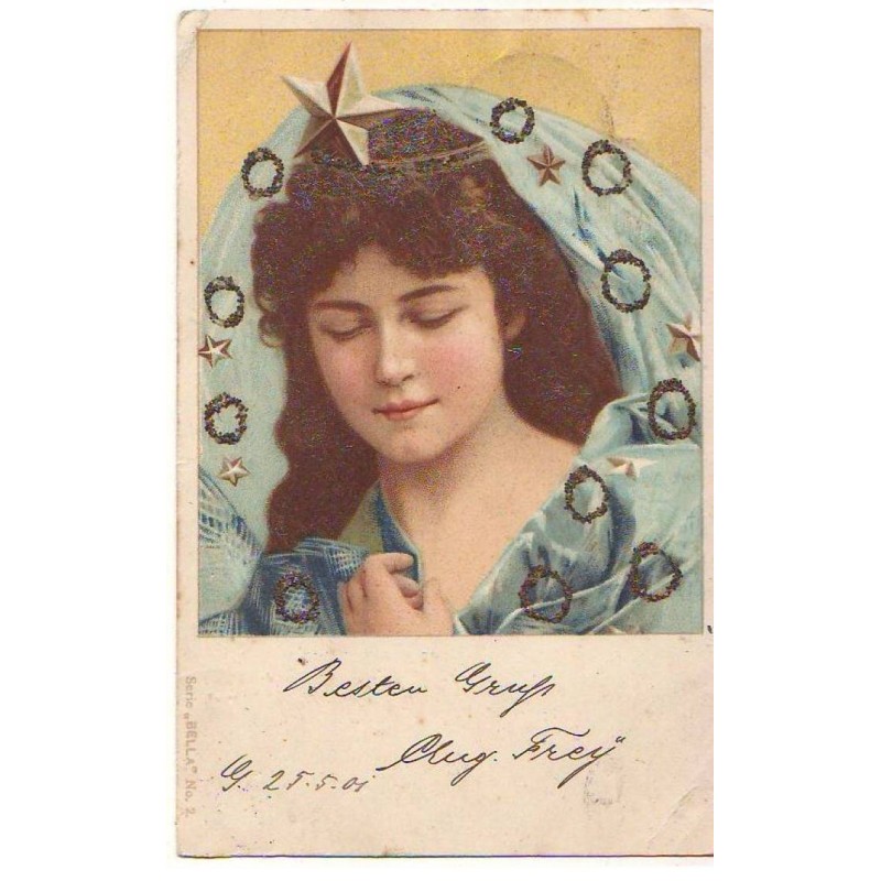 n°22951 - Carte avec des Paillettes - Jeune femme portant un voile avec une étoile sur les cheveux