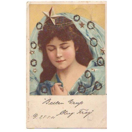 n°22951 - Carte avec des Paillettes - Jeune femme portant un voile avec une étoile sur les cheveux