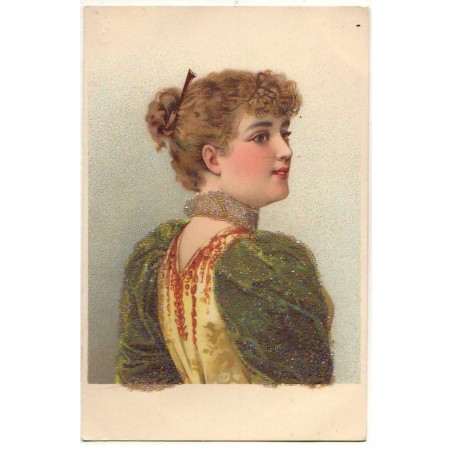 n°22954 - Carte avec des Perles - Jeune femme coiffée d'un chignon, et portant une robe verte