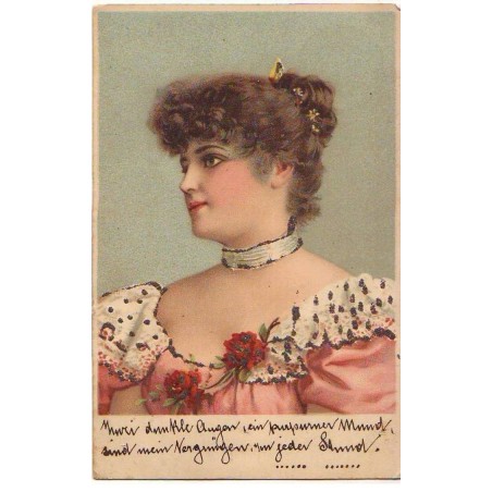 n°22955 - Carte avec des Paillettes - Jeune femme coiffée d'un chignon, et portant une robe avec des roses