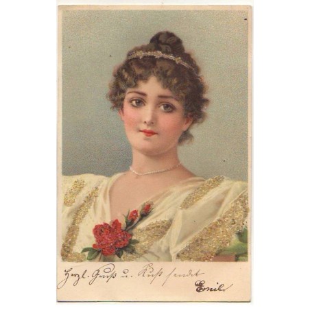 n°22958 - Carte avec des Perles - Jeune femme brune avec des roses à son décolleté