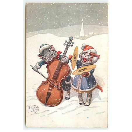 n°22959 - A. Thiele - Chats habillés sous la neige, l'un jouant d'une contrebasse et l'autre de cymbales