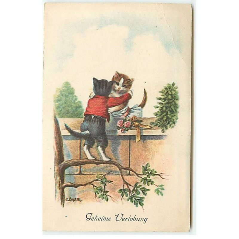 n°22960 - C. Öhler - Geheime Verlobung - Chats habillés se faisant un câlin au-dessus d'un mur