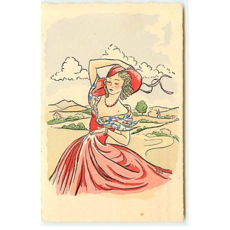 n°22963 - Jeune femme portant une robe rose, et un chapeau se promenant