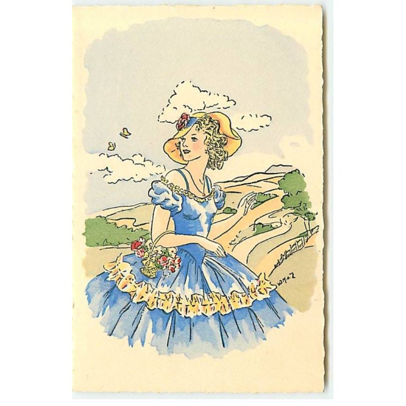 n°22964 - Jeune femme portant une robe bleue et un chapeau se promenant