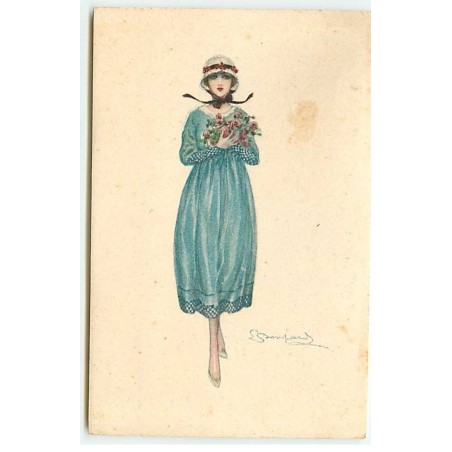 n°22965 - S. Bompard - Jeune femme portant une robe bleue et un bouquet de roses