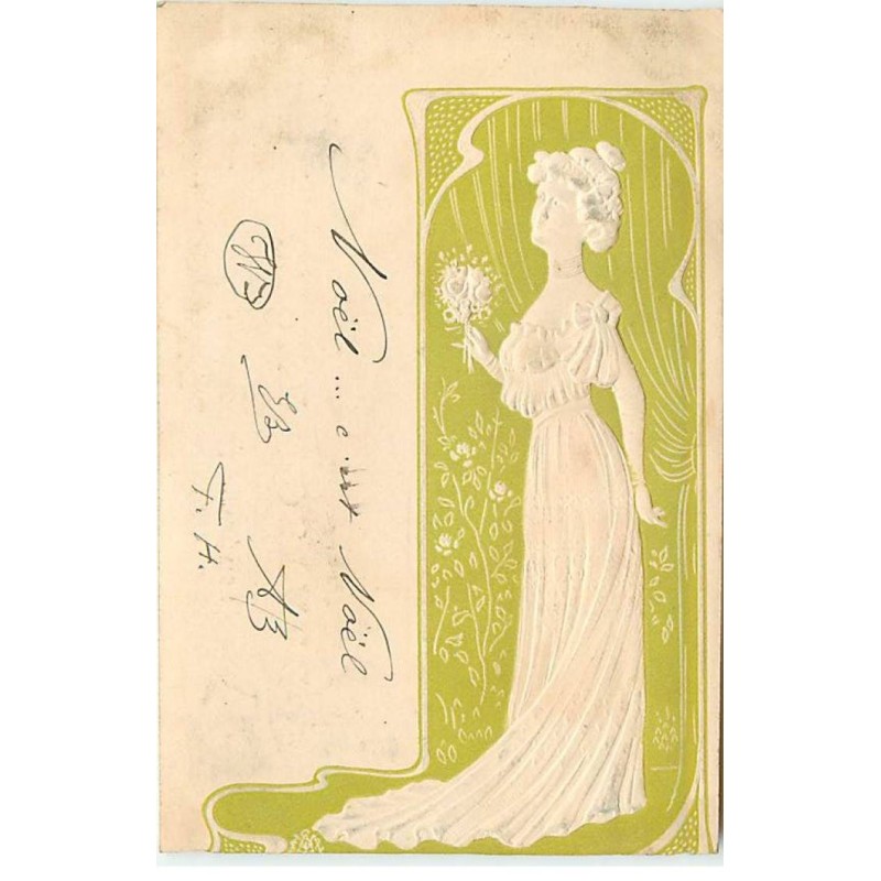 n°22971 - Carte Gaufrée - Art Nouveau - Jeune femme de profil portant un bouquet