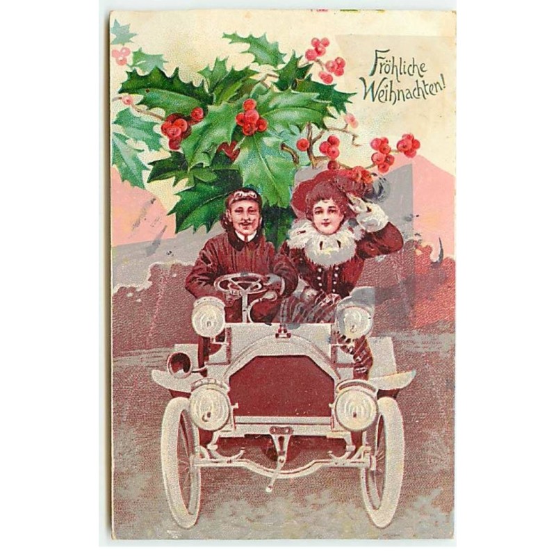 n°22973 - Carte Gaufrée - Fröhliche Weihnachten - Couple dans une voiture, sous un bouquet de houx