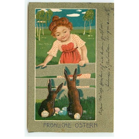 n°22980 - Carte Gaufrée - Fröhliche Ostern - Jeune fille regardant des lièvres