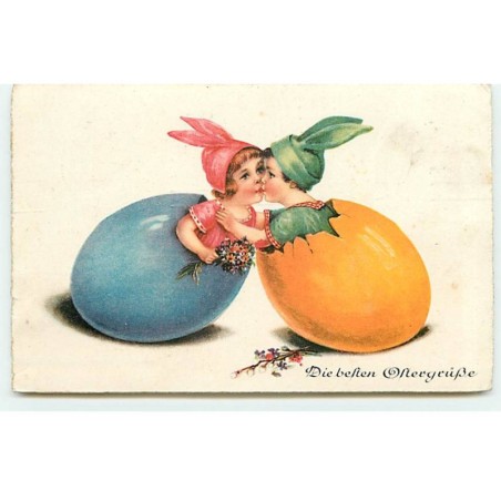 n°22981 - Die beften Oftergruss - Deux enfants chacun dans un oeuf s'embrassant