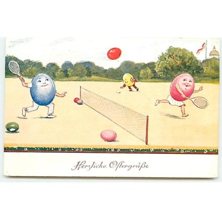 n°22983 - Pâques - Herzliche Oftergruss - Oeufs humanisés jouant au tennis