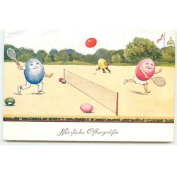 n°22983 - Pâques - Herzliche Oftergruss - Oeufs humanisés jouant au tennis