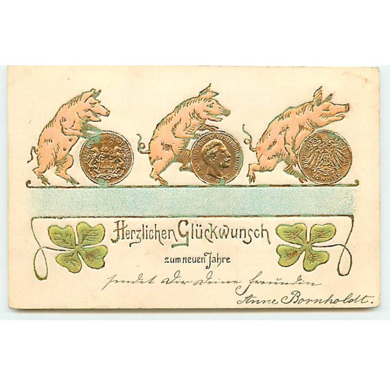 n°22984 - Carte Gaufrée - Herzlichen Glückwunsch zum neuen Jahre - Cochons poussant des pièces d'or