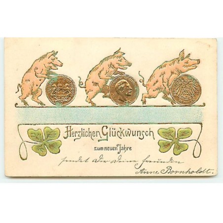 n°22984 - Carte Gaufrée - Herzlichen Glückwunsch zum neuen Jahre - Cochons poussant des pièces d'or