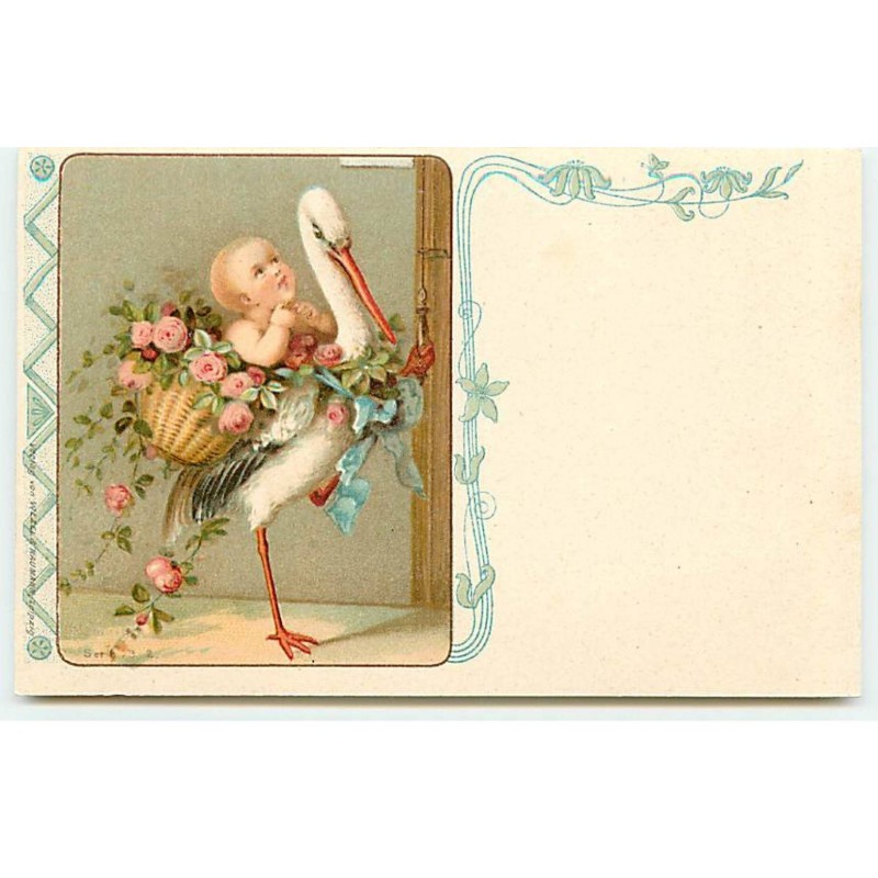 n°22988 - Fantaisie - Cigogne portant un bébé dans un panier rempli de roses