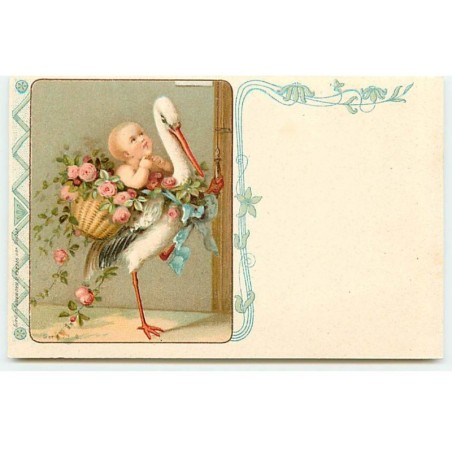 n°22988 - Fantaisie - Cigogne portant un bébé dans un panier rempli de roses