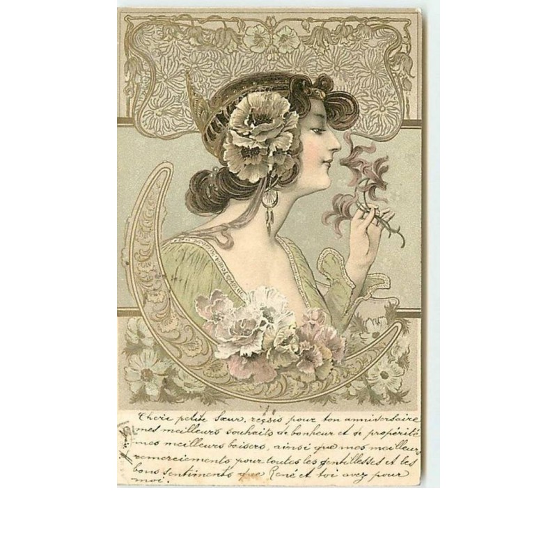 n°11574 - Carte Illustrateur - Art Nouveau - Femme avec des Fleurs