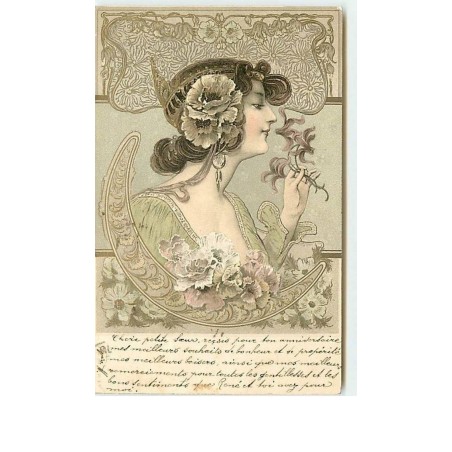 n°11574 - Carte Illustrateur - Art Nouveau - Femme avec des Fleurs