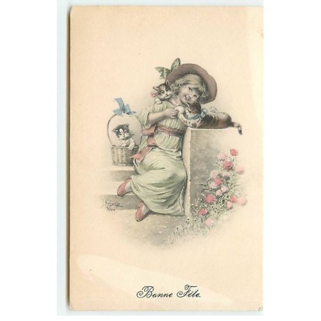 n°22989 - Fête - Bonne Fête - Fillette câlinant des chats