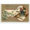 n°2299 - Carte Gaufrée - A Merry Christmas - Enfant donnant à manger à des oiseaux sur un escalier