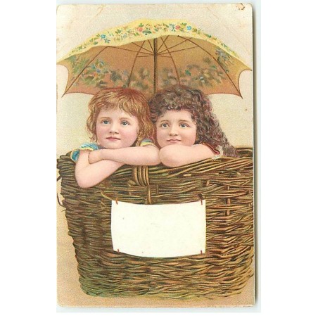 n°22997 - Fantaisie - Deux fillettes dans un panier en osier se protégeant sous une ombrelle