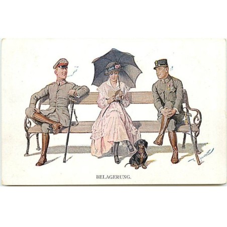 n°22998 - MM Vienne n°1119 - Belagerung - Femme lisant assise sur un banc, entourée de deux militaires - teckel