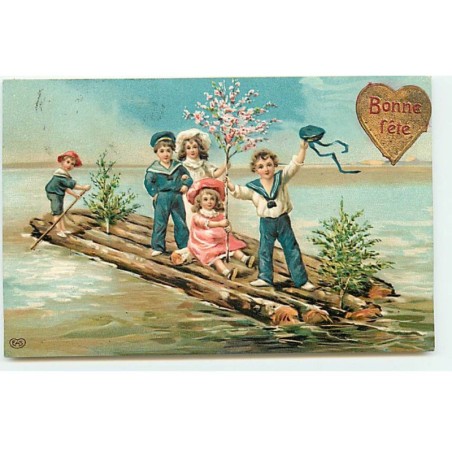 n°23000 - Carte Gaufrée - Bonne Fête - Enfants sur un radeau