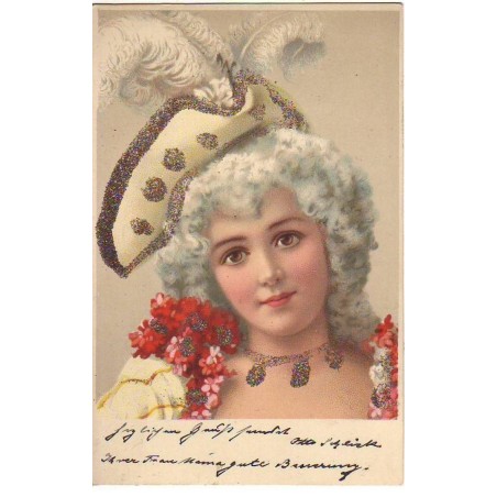 n°23002 - Fantaisie - Portait d'une jeune femme portant une perruque et un chapeau à plume - Carte avec paillettes