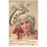 n°23002 - Fantaisie - Portait d'une jeune femme portant une perruque et un chapeau à plume - Carte avec paillettes