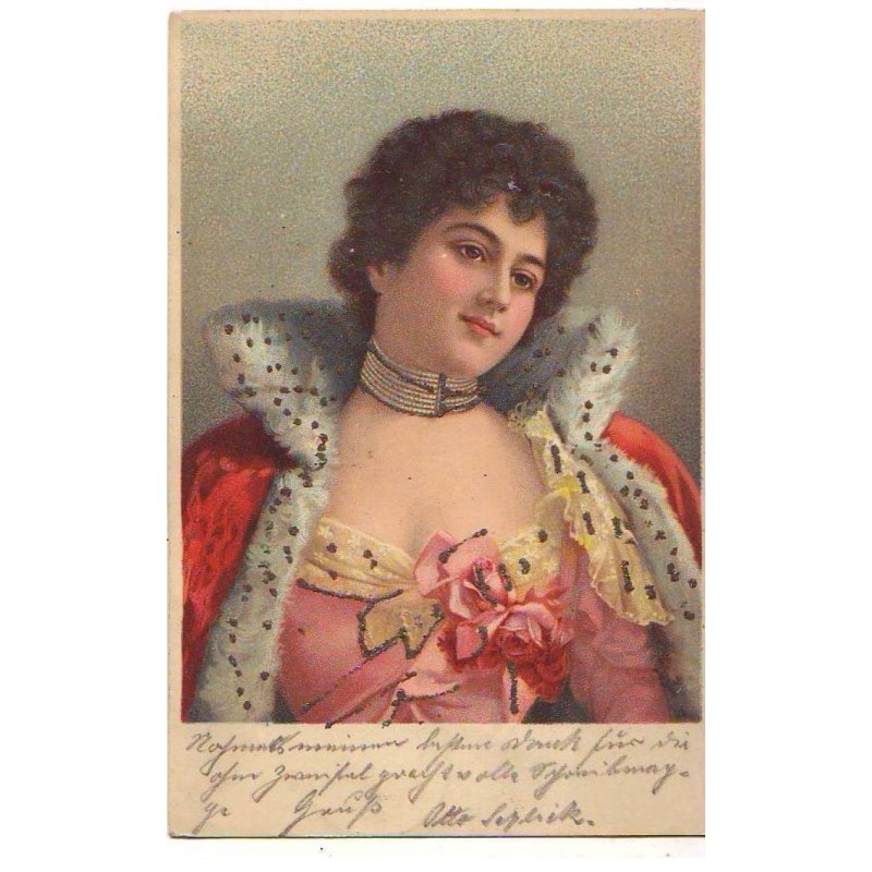n°23005 - Fantaisie - Jeune femme portant une robe de soirée, et un manteau rouge - Carte avec paillettes