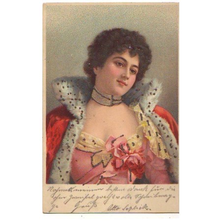 n°23005 - Fantaisie - Jeune femme portant une robe de soirée, et un manteau rouge - Carte avec paillettes