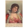 n°23005 - Fantaisie - Jeune femme portant une robe de soirée, et un manteau rouge - Carte avec paillettes