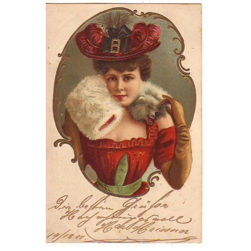 n°23006 - Carte Gaufrée - Fantaisie - Jeune femme portant un écharpe en fourrure, et un chapeau à plume