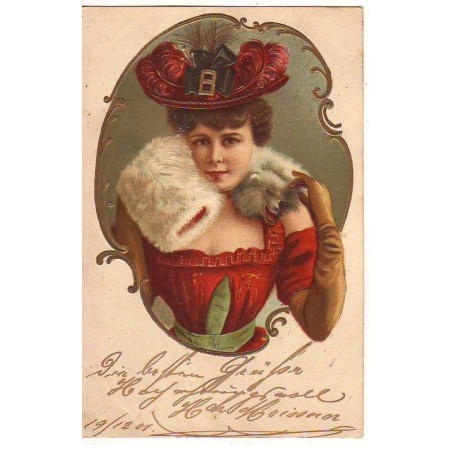 n°23006 - Carte Gaufrée - Fantaisie - Jeune femme portant un écharpe en fourrure, et un chapeau à plume