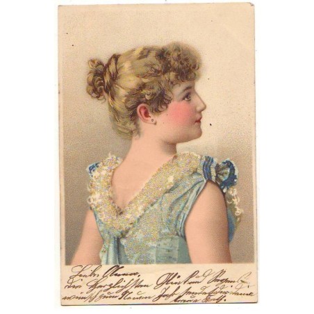 n°23007 - Fantaisie - Jeune femme de dos portant une robe bleue - Carte avec des Perles