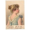n°23007 - Fantaisie - Jeune femme de dos portant une robe bleue - Carte avec des Perles