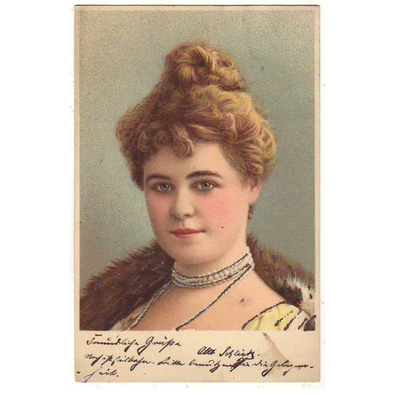 n°23008 - Fantaisie - Portrait d'une Jeune femme avec un collier de perles - Carte à paillettes