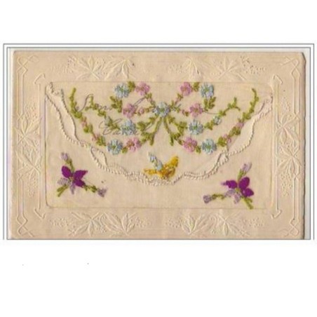 n°2301 - Carte Brodée - Fleurs et Papillon