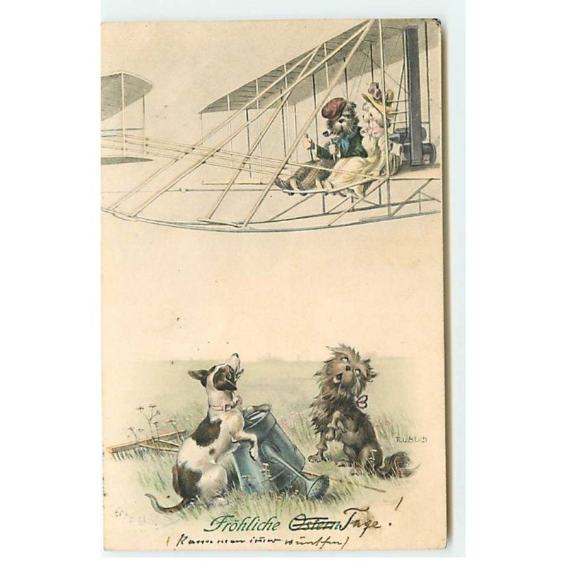 n°23030 - MM Vienne n°460 - Fröhliche Ostern - Chiens regardant un couple de chiens habillés dans un avion