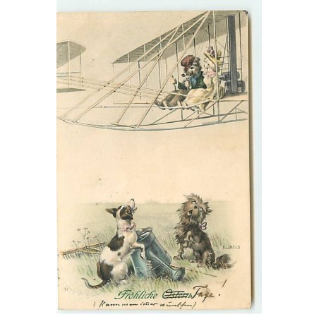 n°23030 - MM Vienne n°460 - Fröhliche Ostern - Chiens regardant un couple de chiens habillés dans un avion