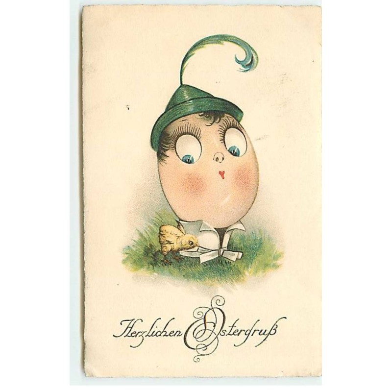 n°23032 - Pâques - Herzlichen Ostergruss - Oeuf humanisé chapeau vert