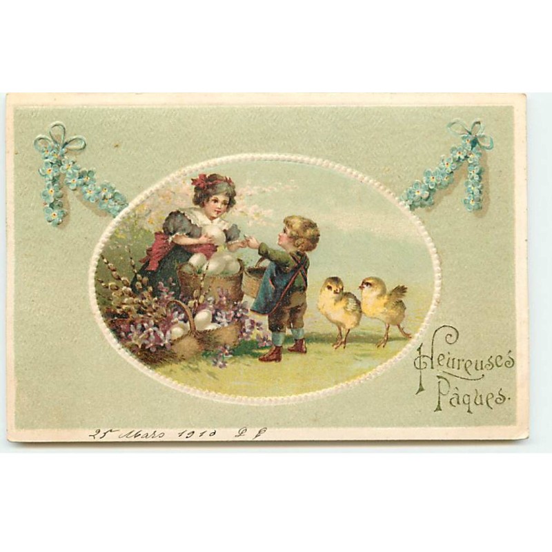 n°23033 - Carte Gaufrée - Heureuses Pâques - Jeune garçon achetant des oeufs