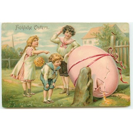n°23034 - Carte Gaufrée - Pâques - Fröhliche Ostern - Enfants regardant un gros oeuf rose