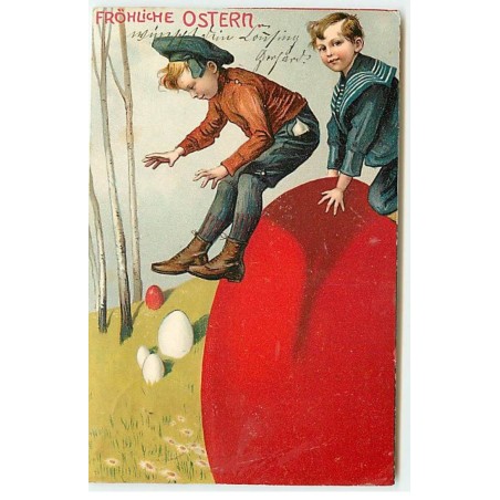 n°23036 - Pâques - Fröhliche Ostern - Garçon sautant par-dessus un oeuf