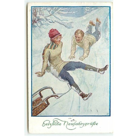 n°23042 - MM Vienne n°1205 - Nouvel An - Herzliche Neujahrsgruss - Couple tombé d'une luge - Sports d'Hiver