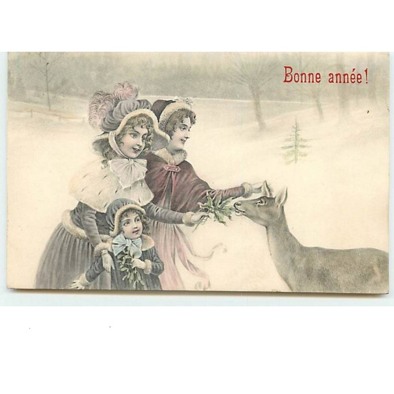 n°11586 - Carte Fantaisie - Bonne Année - Femme et Biche