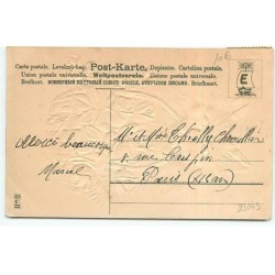 n°23043 - Carte Gaufrée - Souvenir d'Amitié - Chat portant un panier rempli de roses